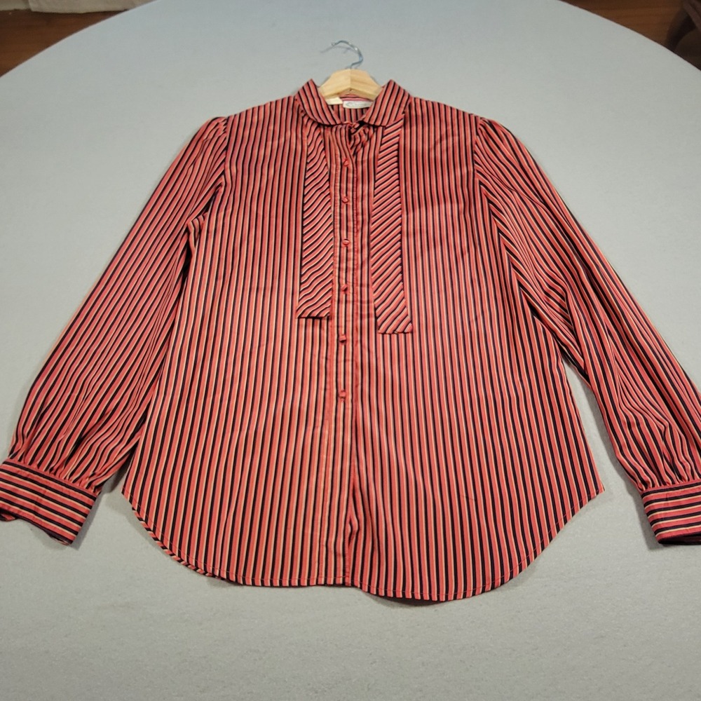 Vintage 80s The Villager Striped‎ Blouse Button Up With Neck Tie Size Large